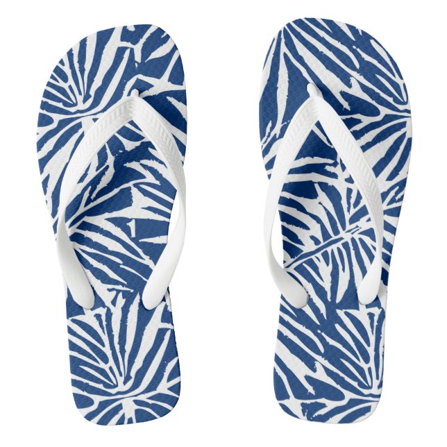 White And Blue Tropical Leaf Repeating Pattern Flip Flops (Footbed)
