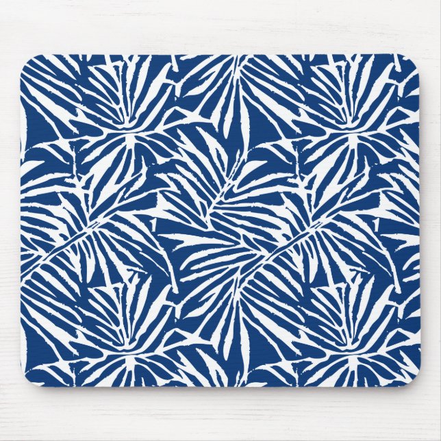 White And Blue Tropical Leaf Repeating Pattern Mouse Mat (Front)
