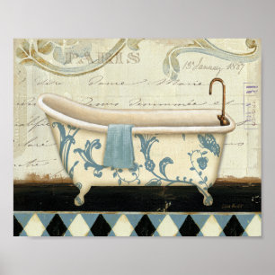 White and Blue Vintage Bath Tub Poster