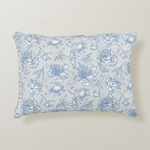White and Blue Vintage Floral Illustrated Decorative Cushion