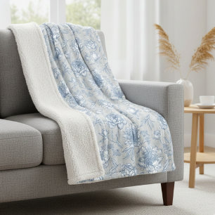 White and Blue Vintage Floral Illustrated Fleece Blanket