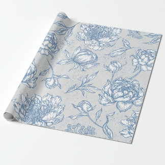 White and Blue Vintage Floral Illustrated Wrapping Paper