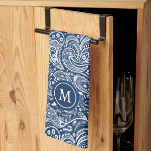 White and blue vintage paisley pattern monogram tea towel