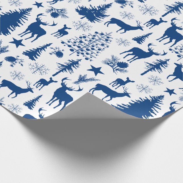 White And Blue Woodland Forest Reindeer Wrapping Paper (Corner)