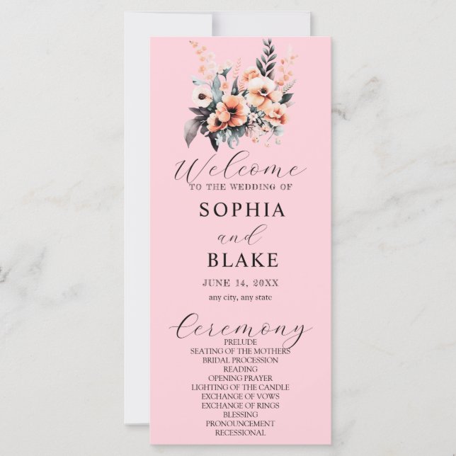White and Blush Flowers Pink Wedding Program (Front)