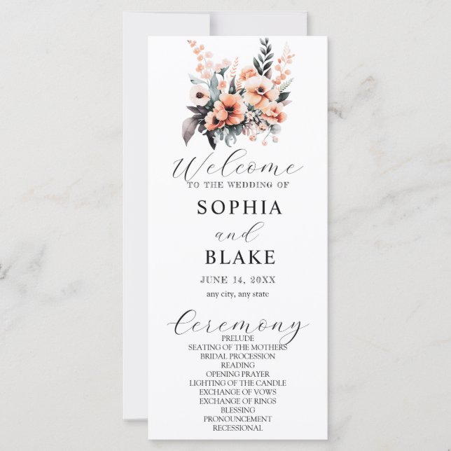 White and Blush Flowers White Wedding Program (Front)