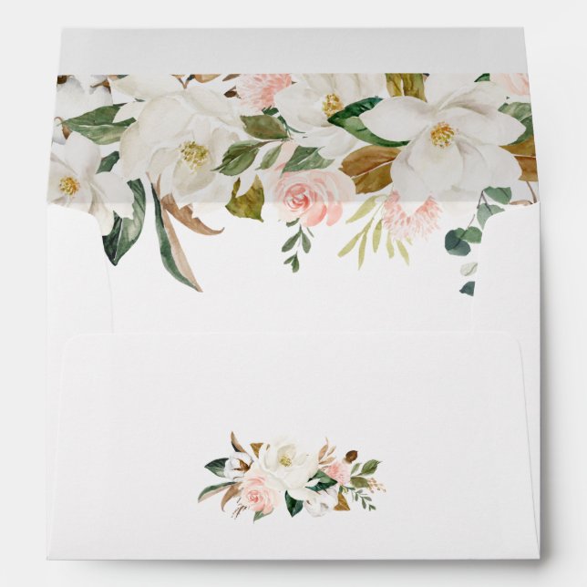 White and Blush Pink Magnolia Floral Wedding Envelope (Back (Bottom))