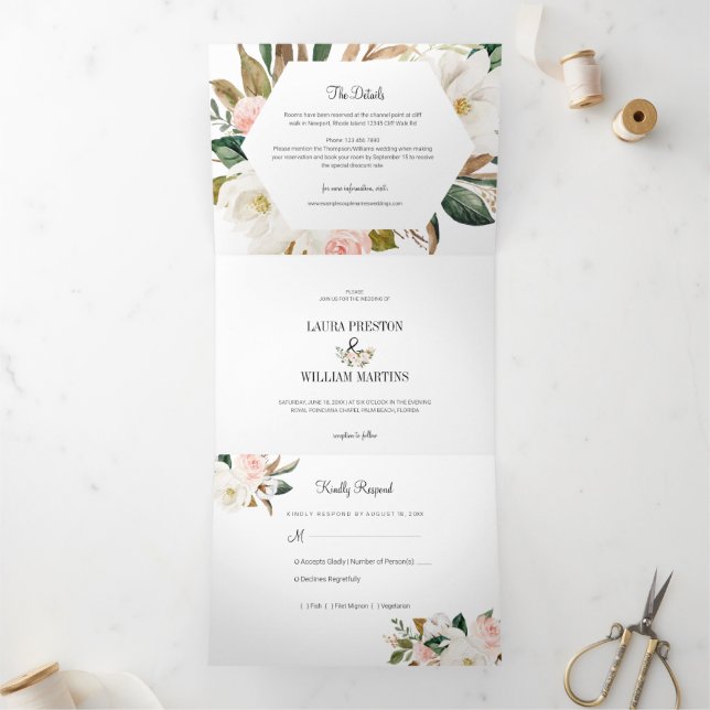 White and Blush Pink Magnolia Floral Wedding Photo Tri-Fold Invitation (Inside)