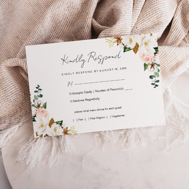 White and Blush Pink Magnolia Floral Wedding RSVP (White and Blush Pink Magnolia Floral Wedding RSVP Card)