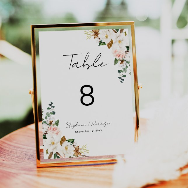 White and Blush Pink Magnolia Floral Wedding Table Number (Creator Uploaded)