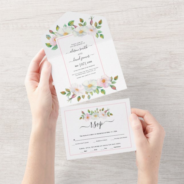 White and blush pink wild dog rose floral wedding all in one invitation (Tearaway)