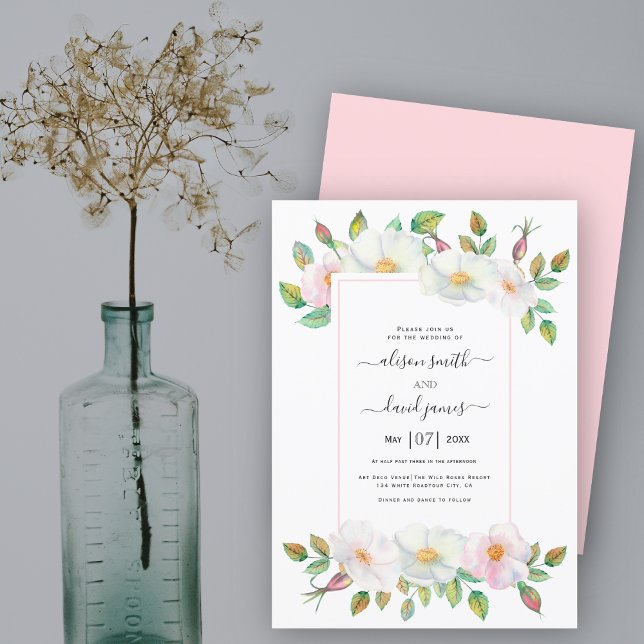 White and blush pink wild dog rose floral wedding invitation (Creator Uploaded)