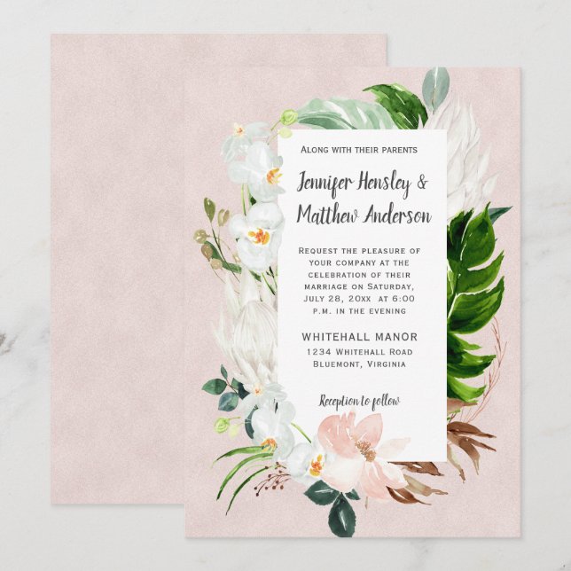 White and Blush Tropical Floral Wedding Invitation (Front/Back)