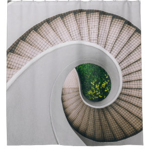 WHITE AND BROWN CONCRETE SPIRAL STAIRS SHOWER CURTAIN