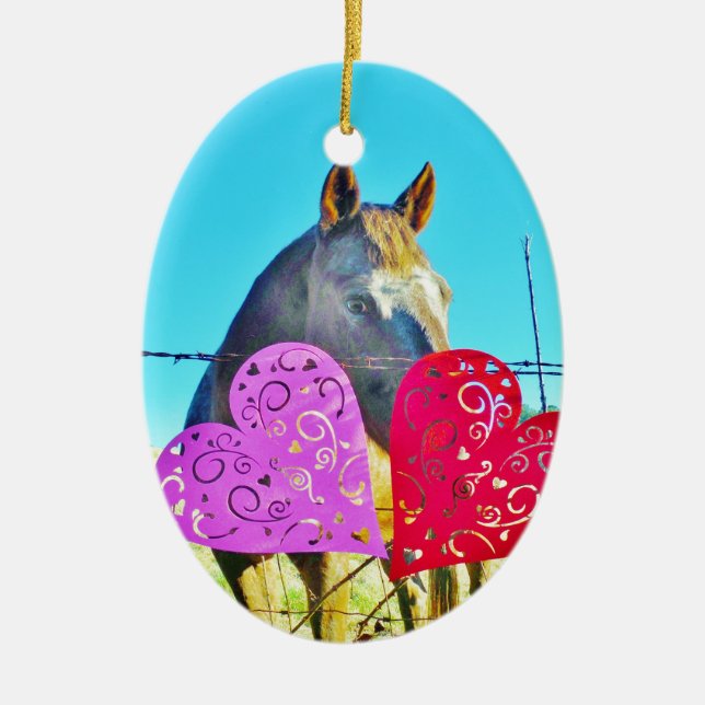 White and Brown horse Valentine Hearts Ceramic Tree Decoration (Front)