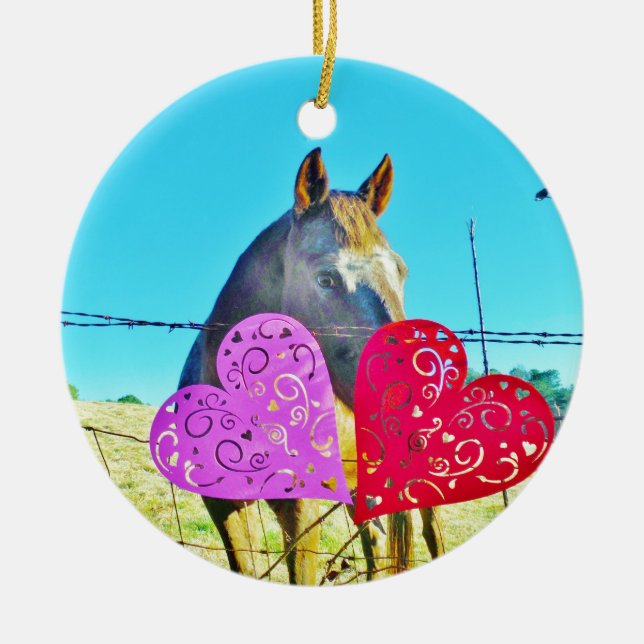 White and Brown horse Valentine Hearts Ceramic Tree Decoration (Front)