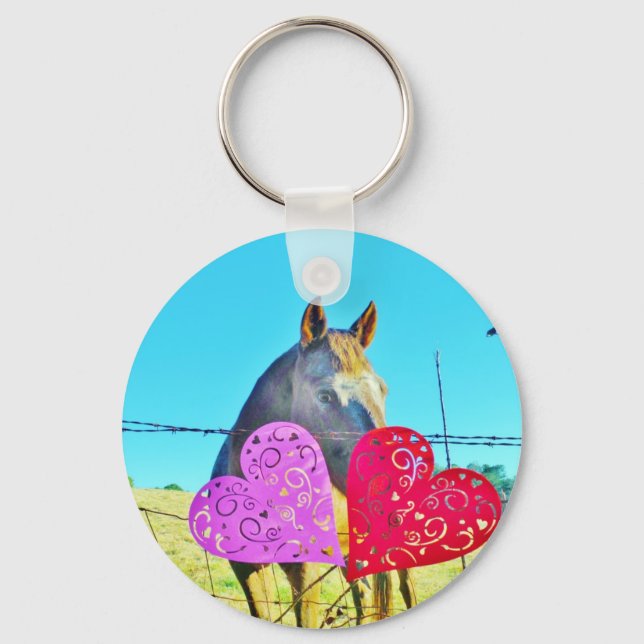 White and Brown horse Valentine Hearts Key Ring (Front)