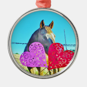 White and Brown horse Valentine Hearts Metal Tree Decoration