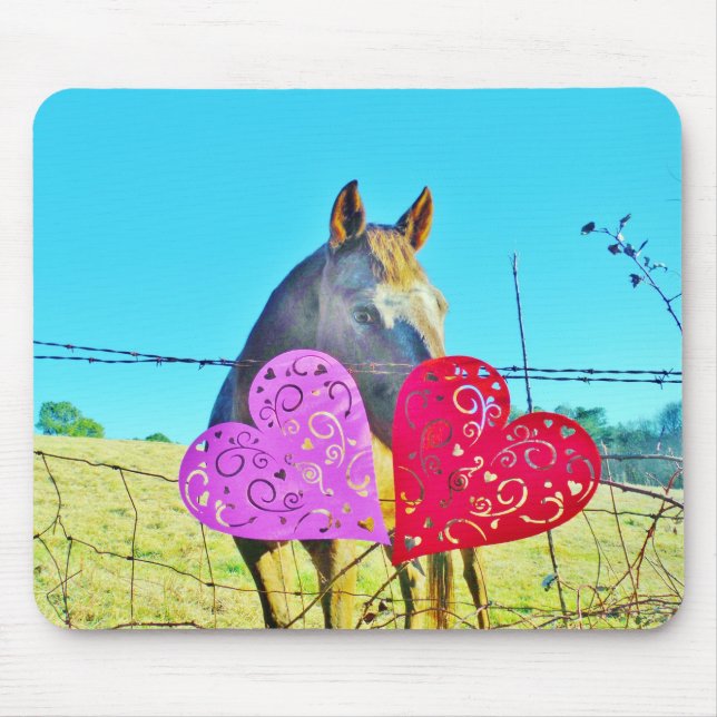 White and Brown horse Valentine Hearts Mouse Mat (Front)
