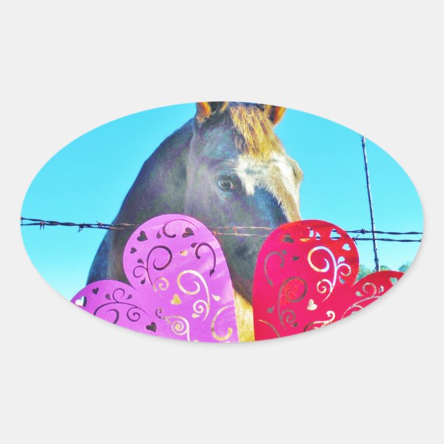 White and Brown horse Valentine Hearts Oval Sticker (Front)
