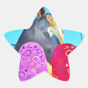 White and Brown horse Valentine Hearts Star Sticker