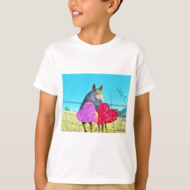White and Brown horse Valentine Hearts T-Shirt (Front)