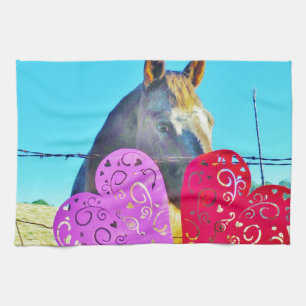 White and Brown horse Valentine Hearts Tea Towel