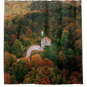 WHITE AND BROWN HOUSE SURROUNDED BY TREES SHOWER CURTAIN