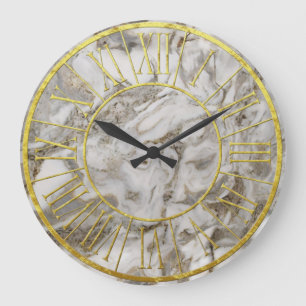 White and Brown Marble Golden Roman Numerals Large Clock