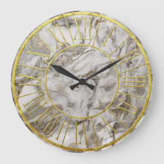 White and Brown Marble Golden Roman Numerals Large Clock