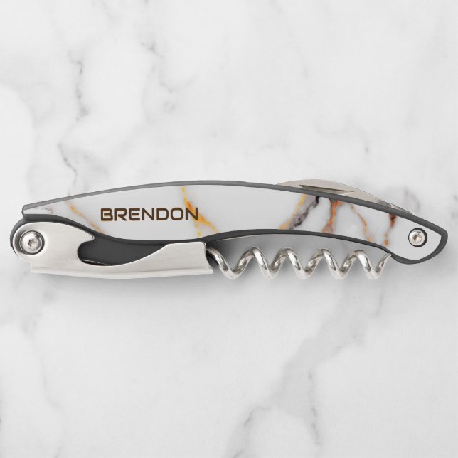 White and brown marble texture monogram corkscrew (Front)