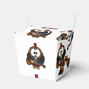White and brown owl playing a guitar with red hat favour box