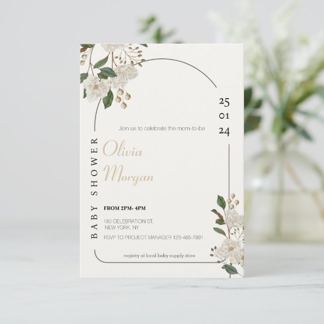 White and Brown Simple Cute Floral Baby Shower  Invitation (Standing Front)