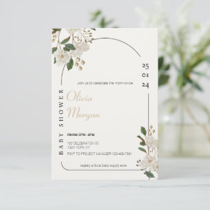 White and Brown Simple Cute Floral Baby Shower Invitation