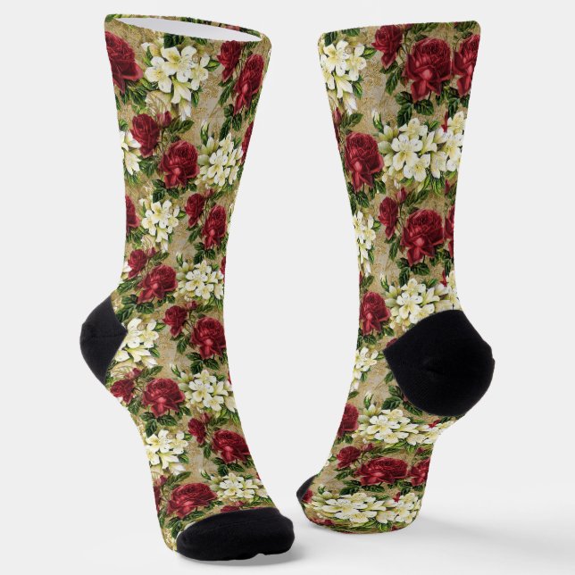 White and burgundy floral pattern socks (Angled)