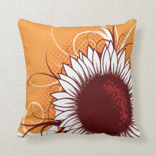 White and Burgundy Flower on Orange Cushion