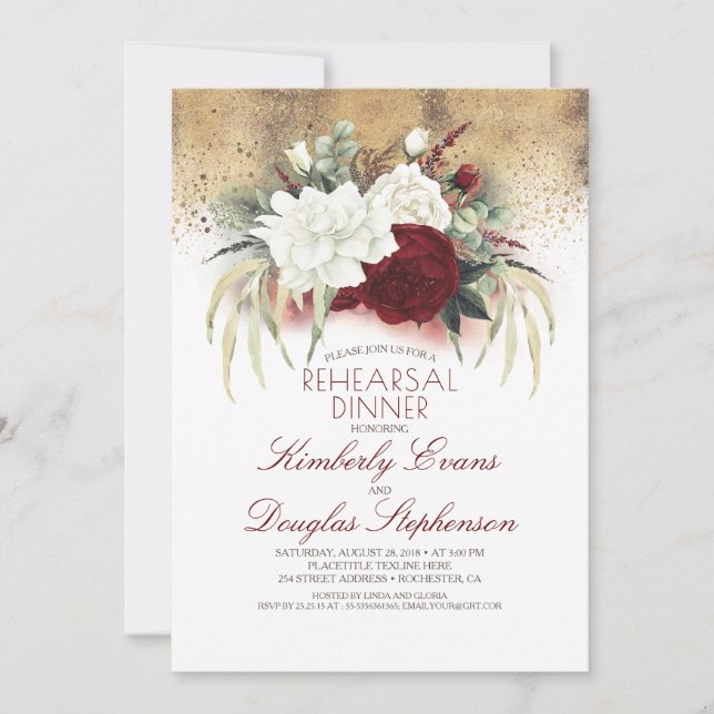 White and Burgundy Red Floral Rehearsal Dinner Invitation (Front)