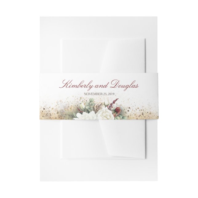 White and Burgundy Red Flowers Wedding Invitation Belly Band (Front Example)