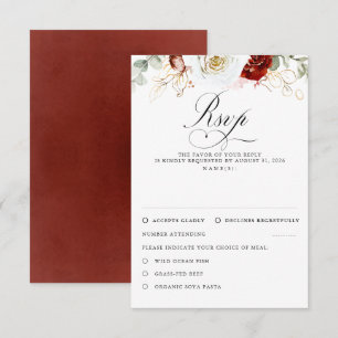 White and Burgundy Red Flowers Wedding RSVP Card