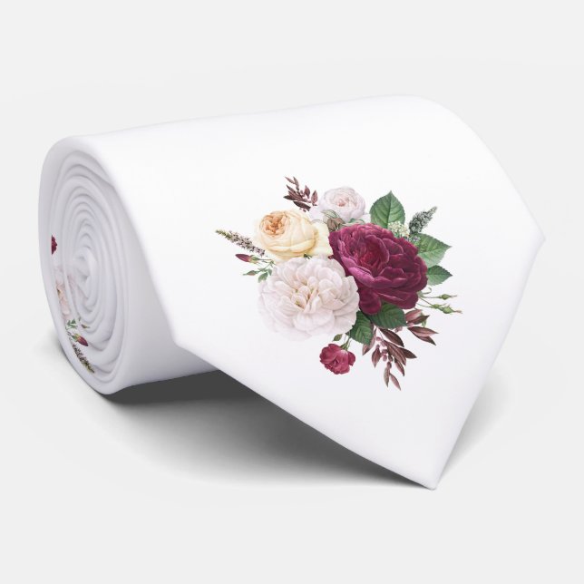 White And Burgundy Roses Wedding Tie (Rolled)
