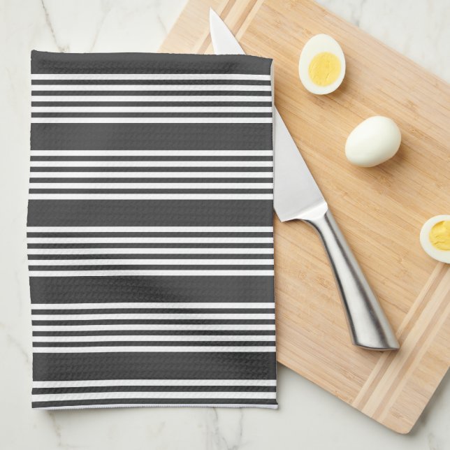 White and charcoal five stripes pattern tea towel (Quarter Fold)
