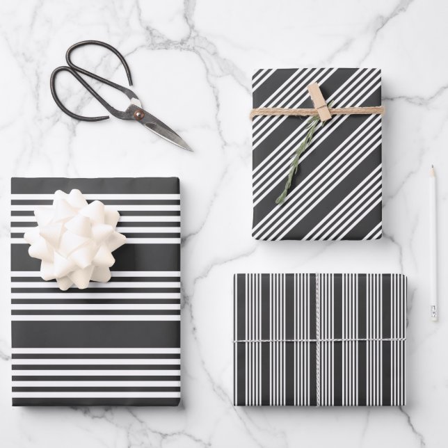 White and charcoal five stripes pattern wrapping paper sheet (Front)