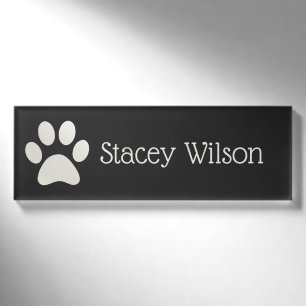 White and Charcoal Paw Print Logo Name Tag