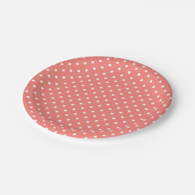 White and Coral Pink Polka Dot Pattern Paper Plate (Angled)