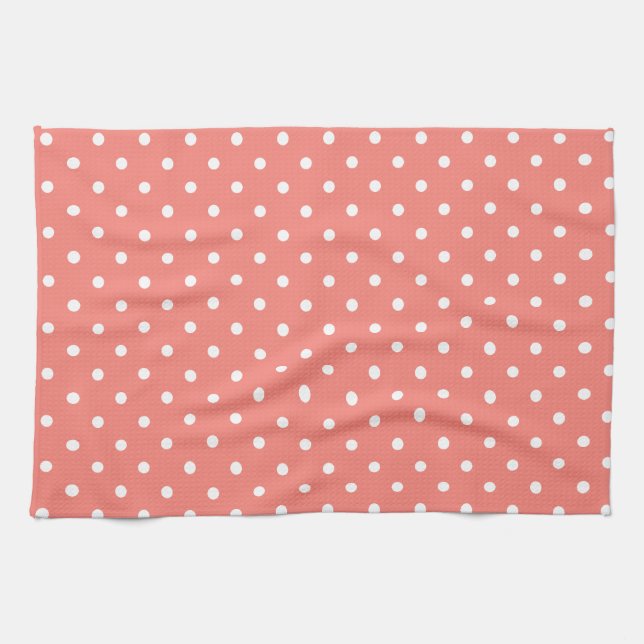 White and Coral Pink Polka Dot Pattern Tea Towel (Horizontal)
