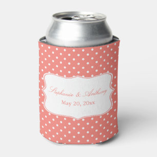 White and Coral Pink Polka Dot Wedding Can Cooler
