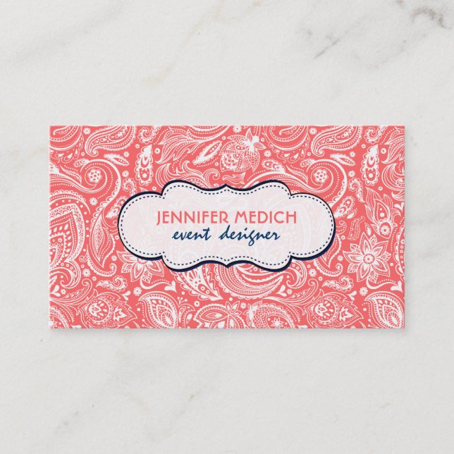 White And Coral Red Floral Paisley Blue Accents Business Card (Front)