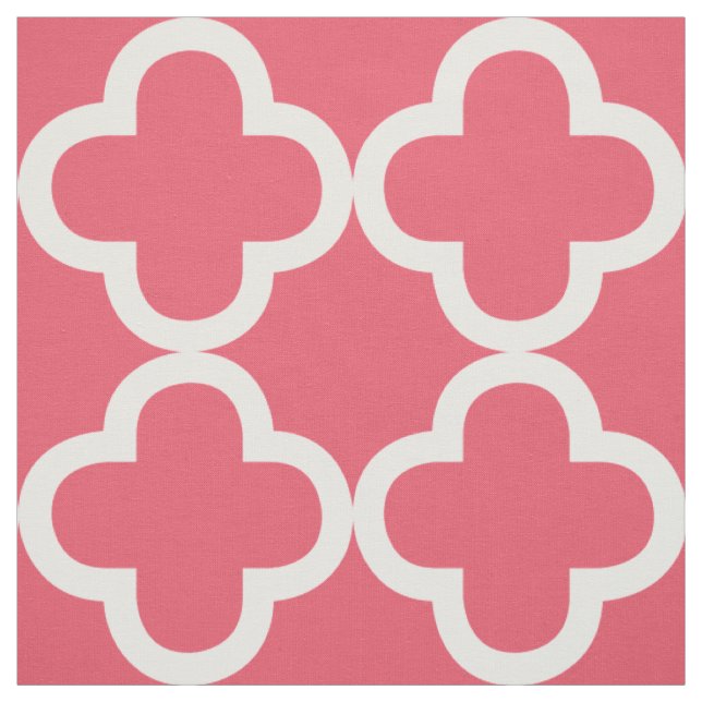 White And Coral Red Quatrefoil Geometric Pattern Fabric (Swatch)