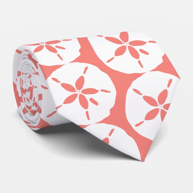 White and Coral Sand Dollar Print Beach Wedding Tie (Rolled)