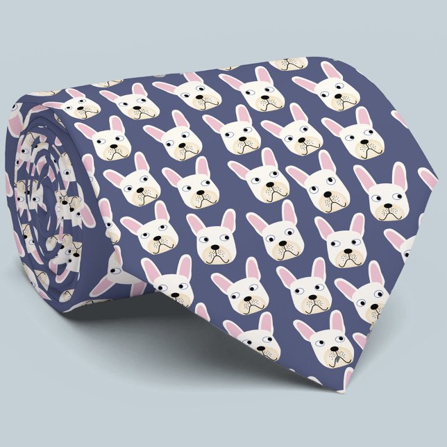 White and Cream French Bulldog Blue Neck Tie (Creator Uploaded)